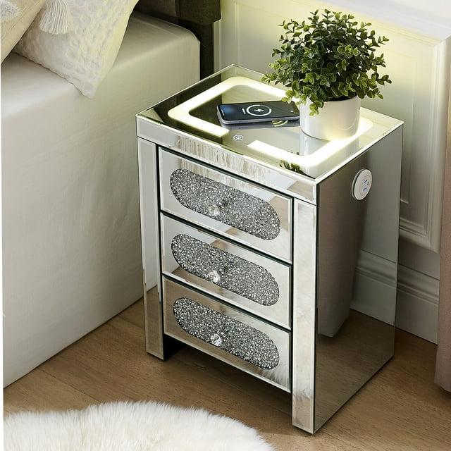 COSVALVE 3 Drawers Mirrored Nightstand Silver Glass Crystal Design Rectangle End Table with Wireless Charging Station, LED Lights, Charge USB Port
