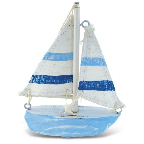 COTA Global Light Blue Stripes Sailboat Extra Small Decor – Handmade Wooden Boat Decor, Cute Beach Style Sail Boat Table Top Decor Living Room Centerpiece – 4.75 Inches