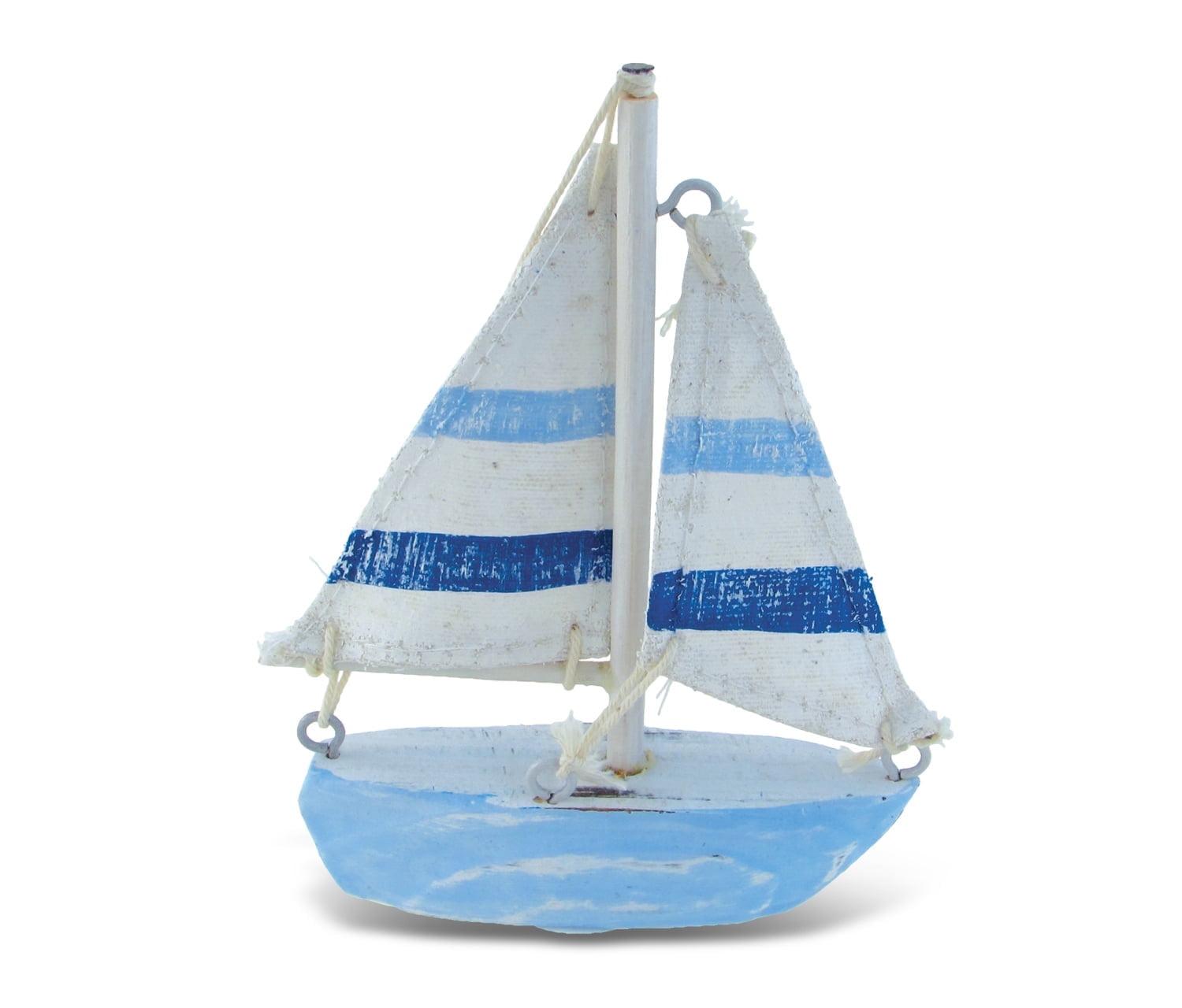 COTA Global Light Blue Stripes Sailboat Extra Small Decor – Handmade Wooden Boat Decor, Cute Beach Style Sail Boat Table Top Decor Living Room Centerpiece – 4.75 Inches