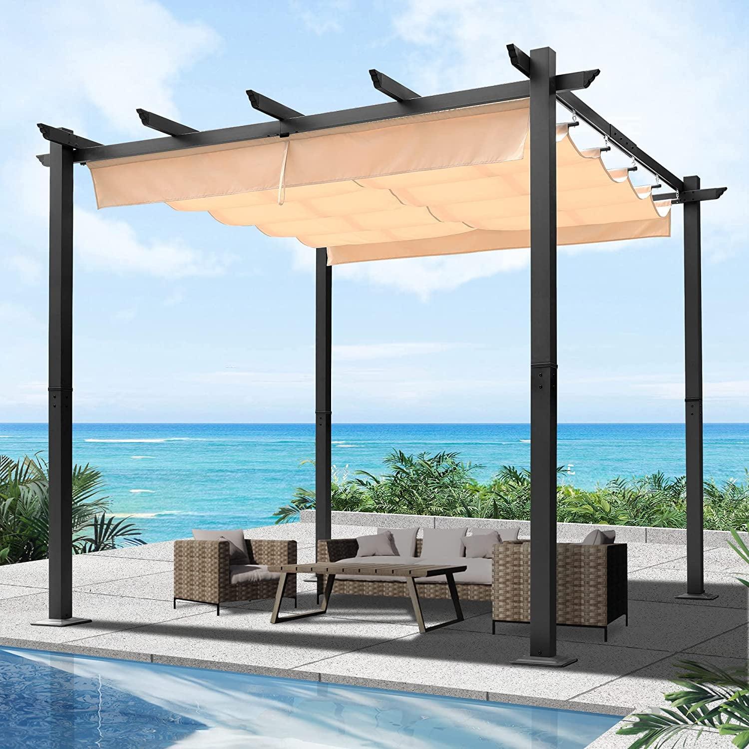 10x10 Beige Aluminum Patio Pergola with Retractable Canopy