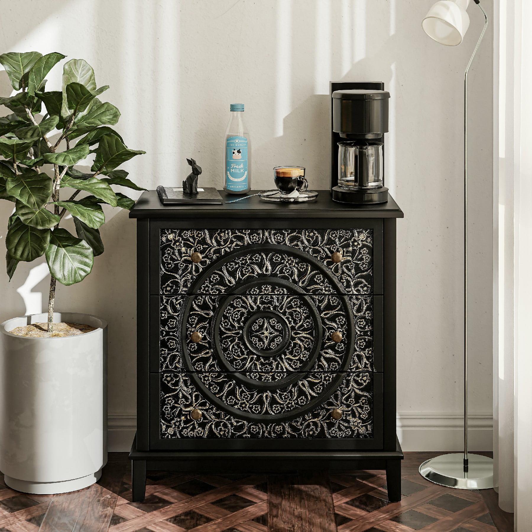 COZAYH 3-Drawer Fully-Assembled Flower Motif Nightstand for Small Spaces, French Country, Modern, Distressed Finish, Gold & Black