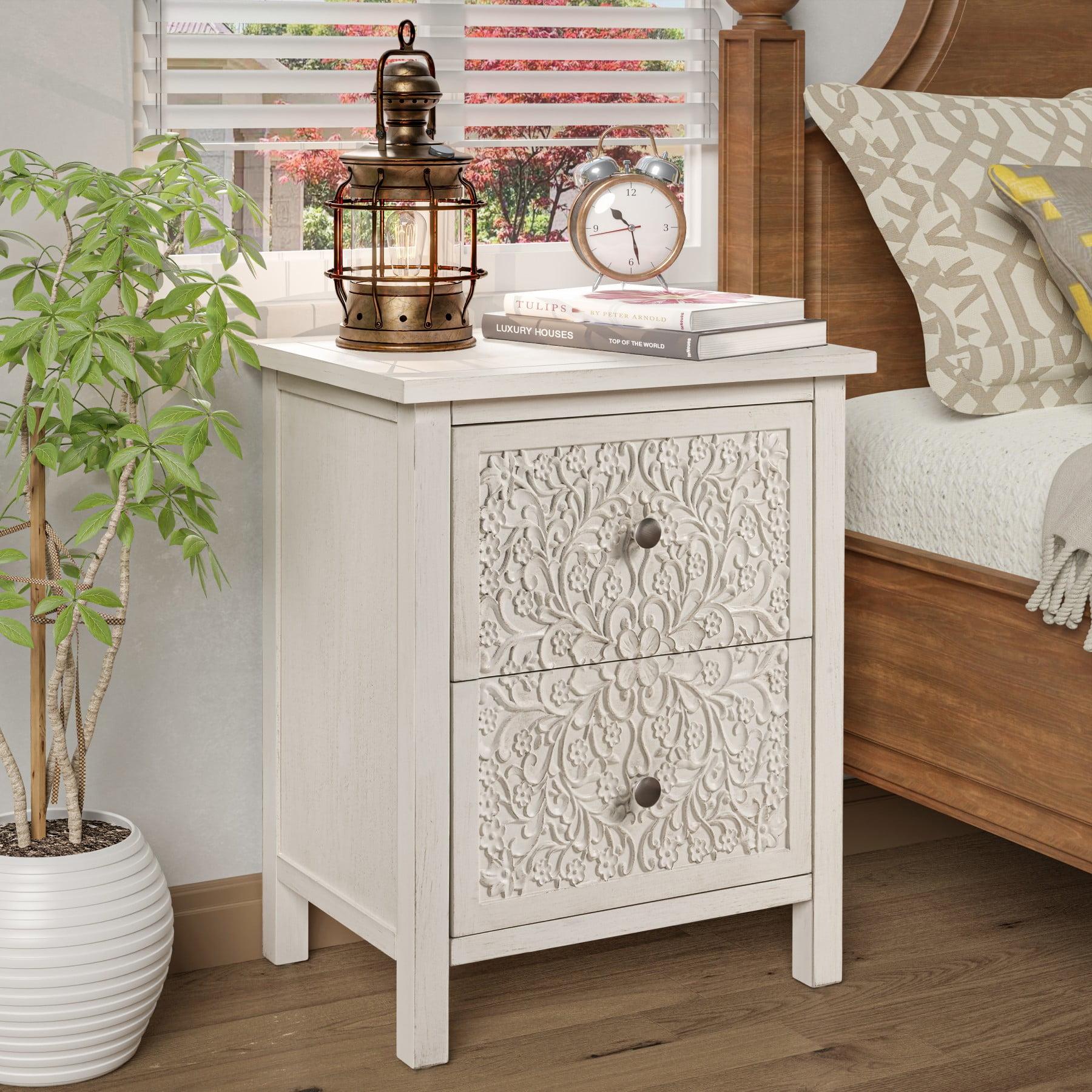 White-Washed Farmhouse 2-Drawer Nightstand with Floral Motif