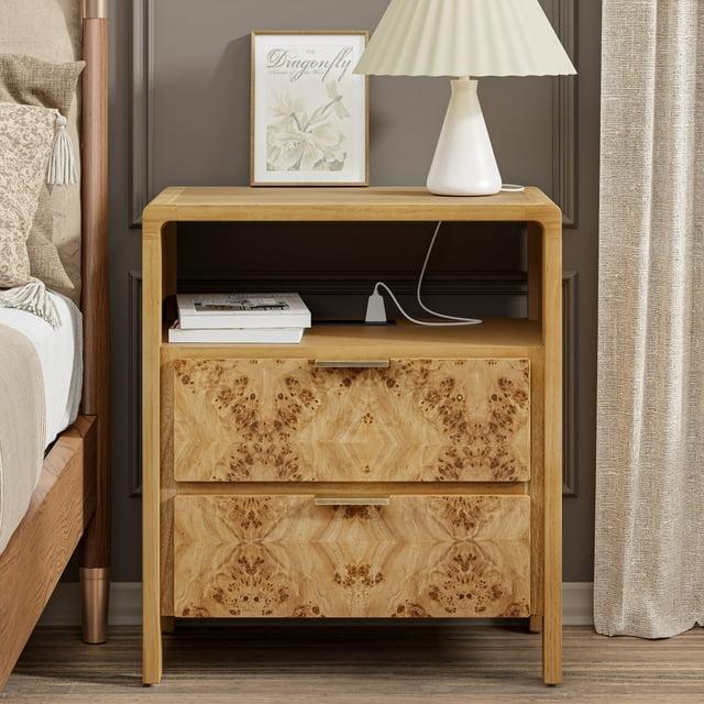 COZAYH Farmhouse 2 Drawer Home Bedroom Nightstand with Charging Station, Side Table with Power Outlet, USB and Type-C Ports, Burl Wood Finish, Natural