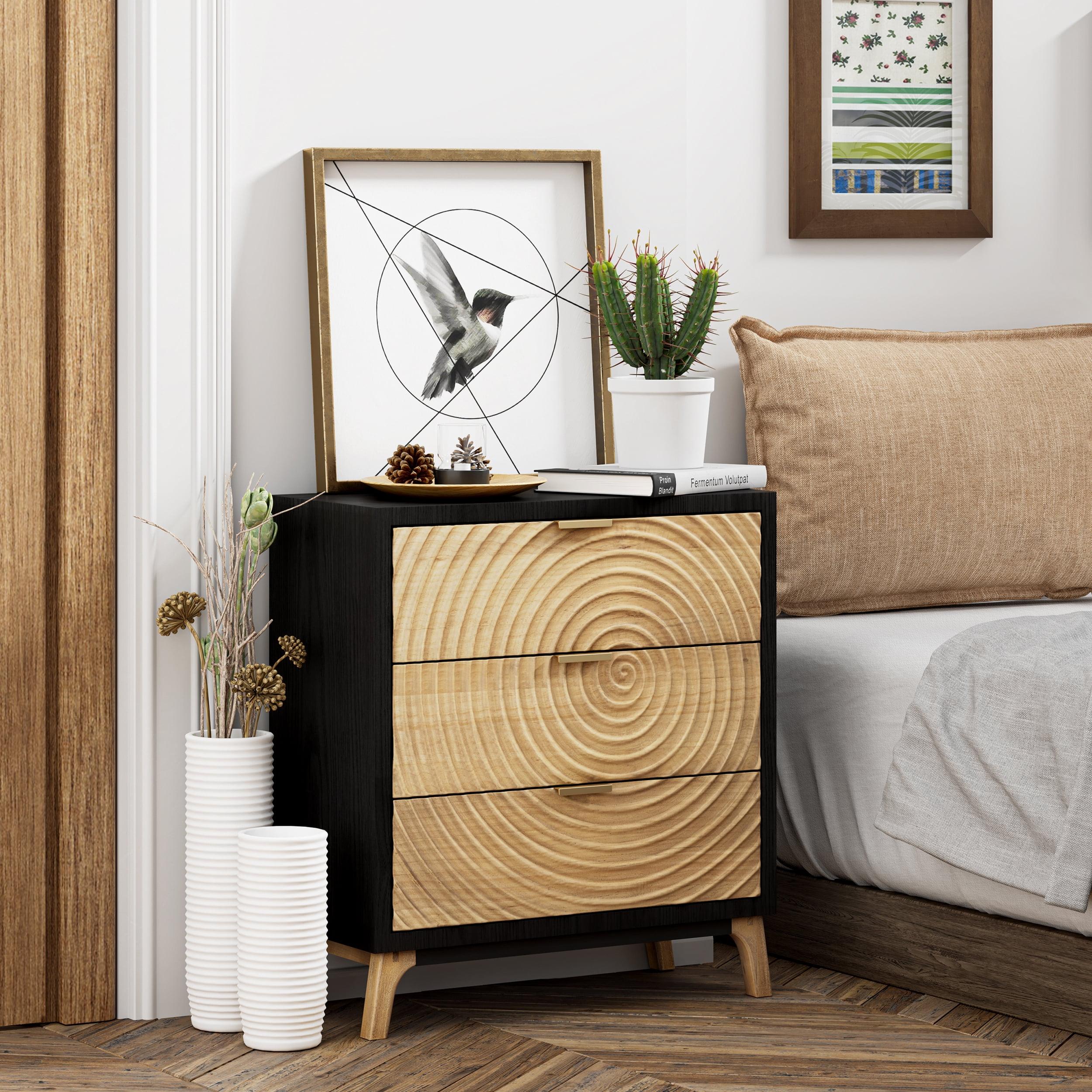 Black and Natural Wood 3-Drawer Nightstand with Ring Motif