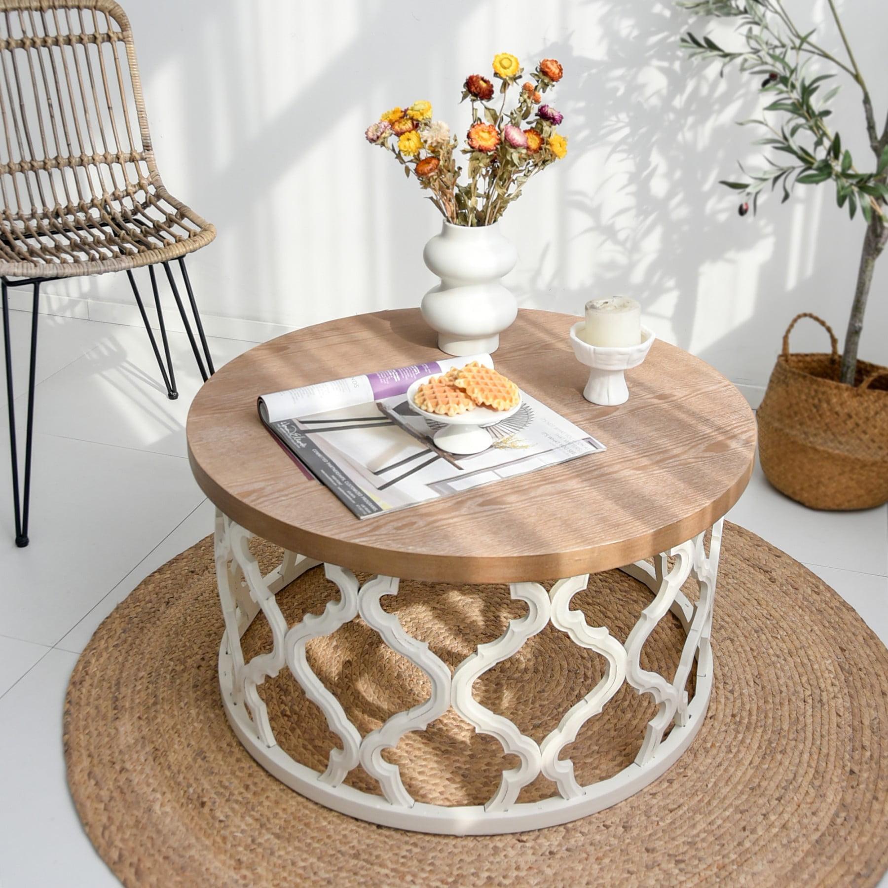 Rustic Distressed Wood Round Coffee Table with Curved Motif Base
