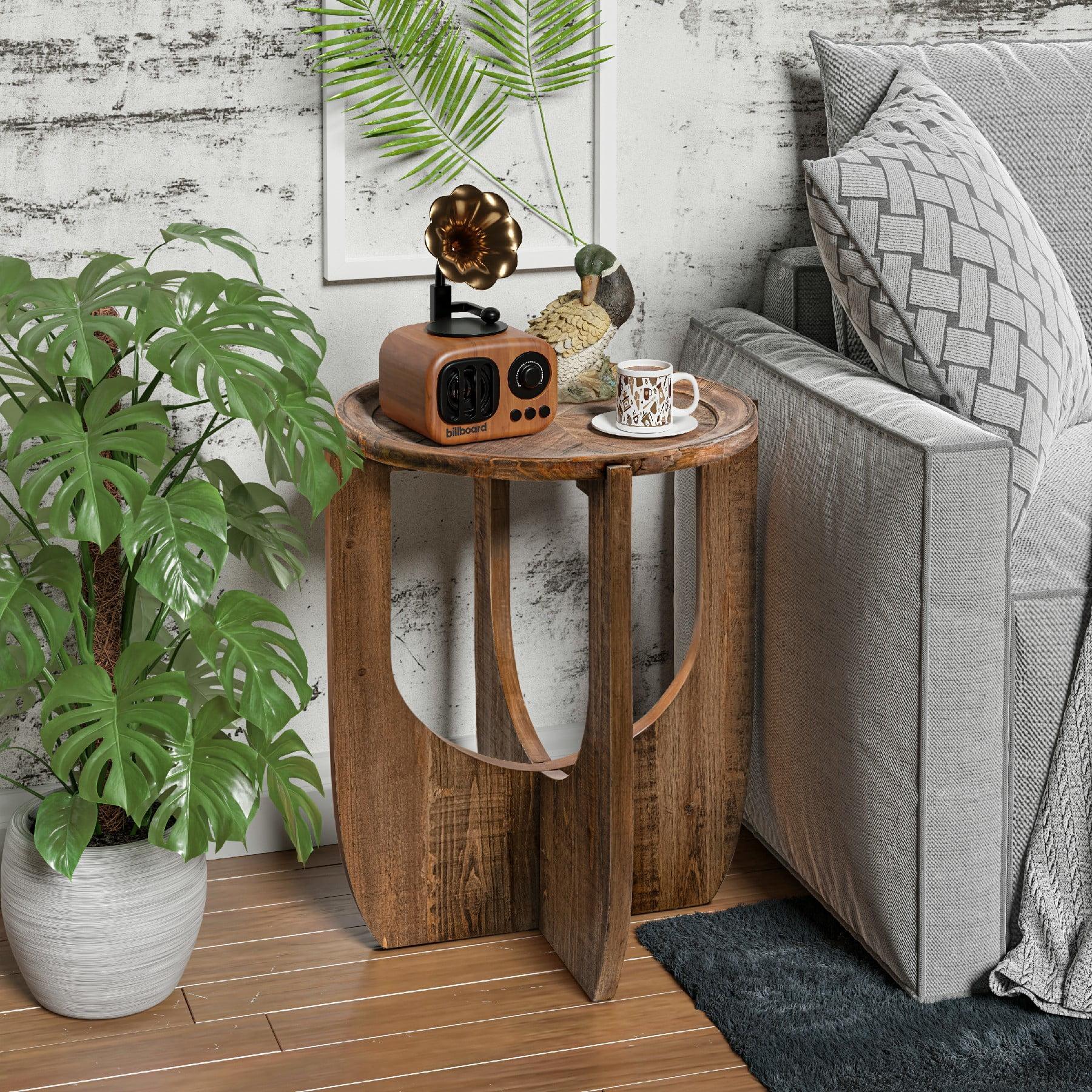 Rustic Brown Round Wood End Table with Open Base