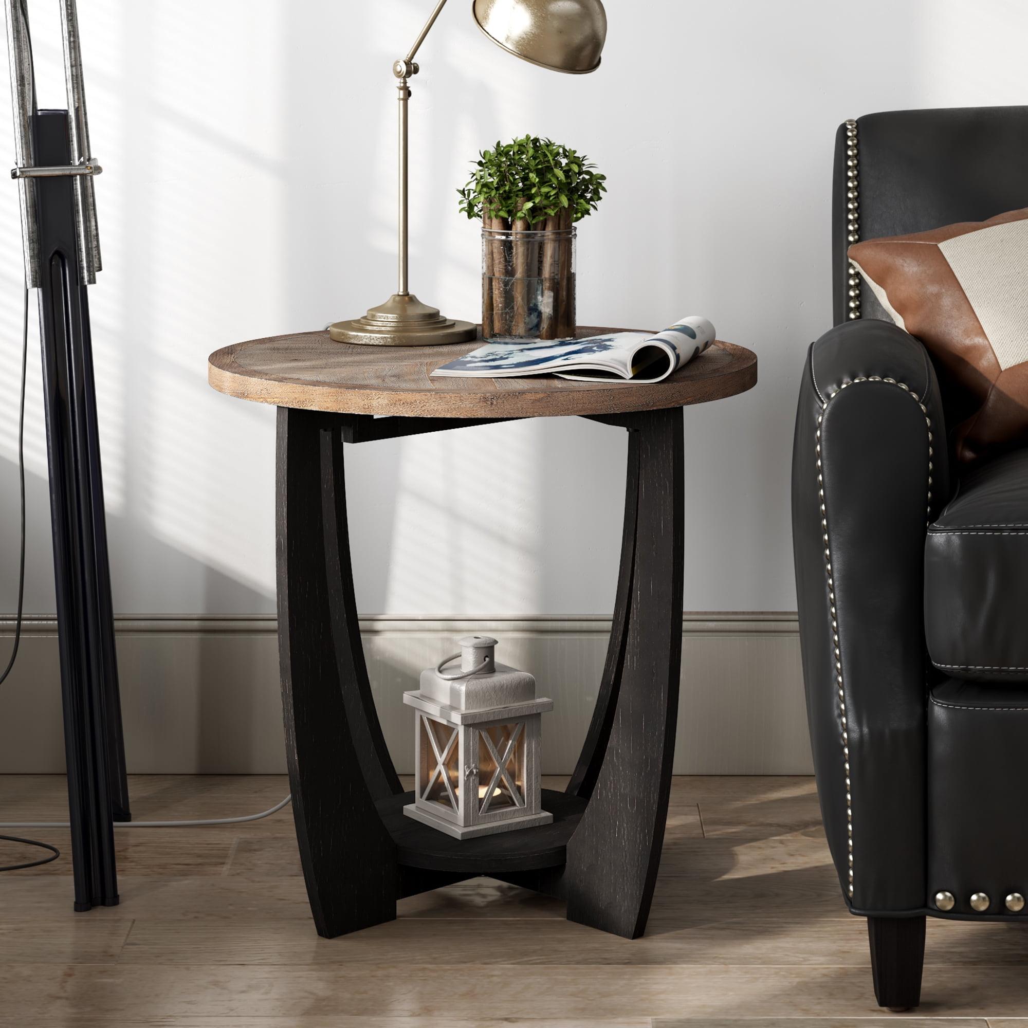 Rustic Round Wood End Table with Storage Shelf