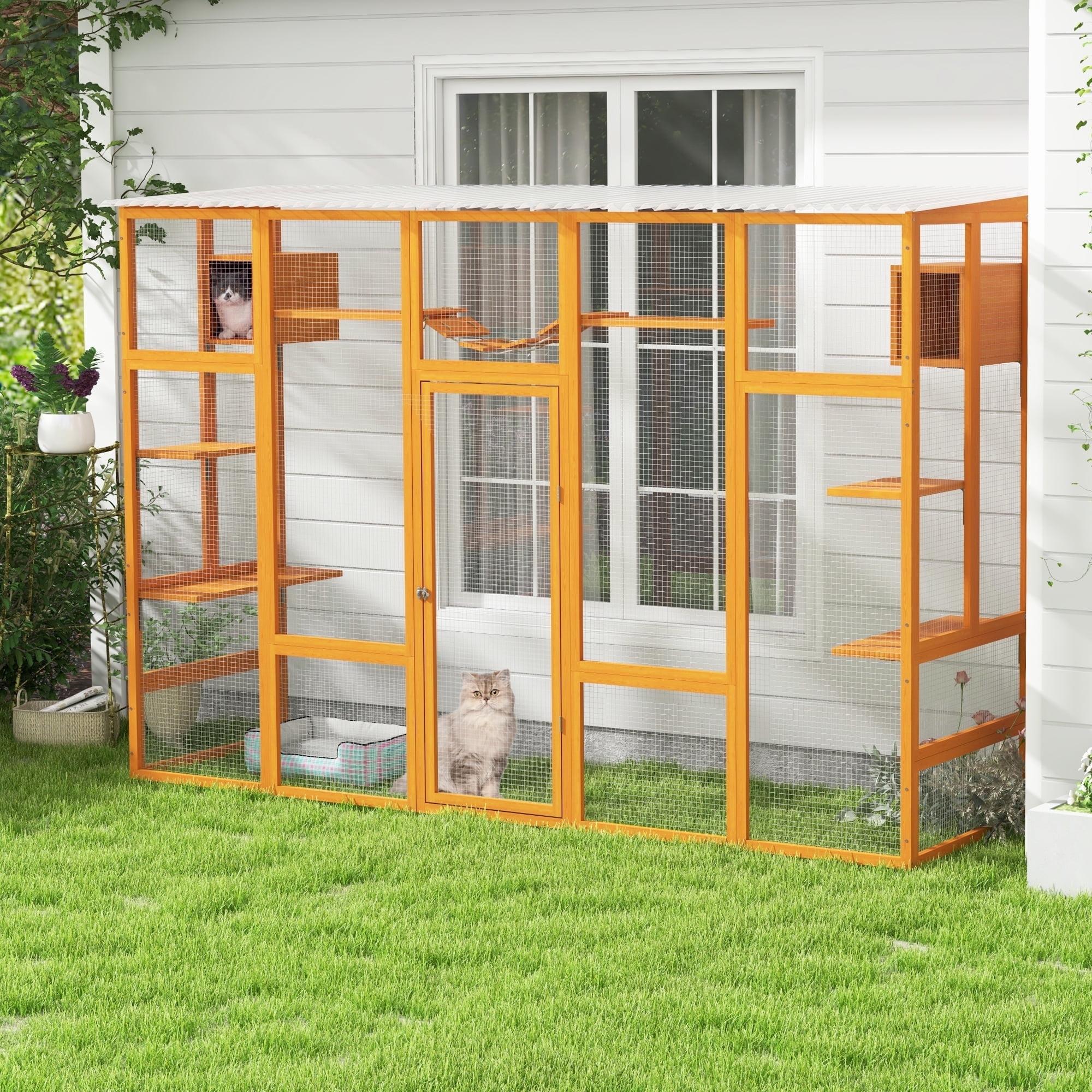COZIWOW Outdoor Cat Enclosure, Catio Pet Safe House, 104" Extra Large Indoor Window Box with 7 Platforms, Resting Houses, and Walk-In Door, Orange
