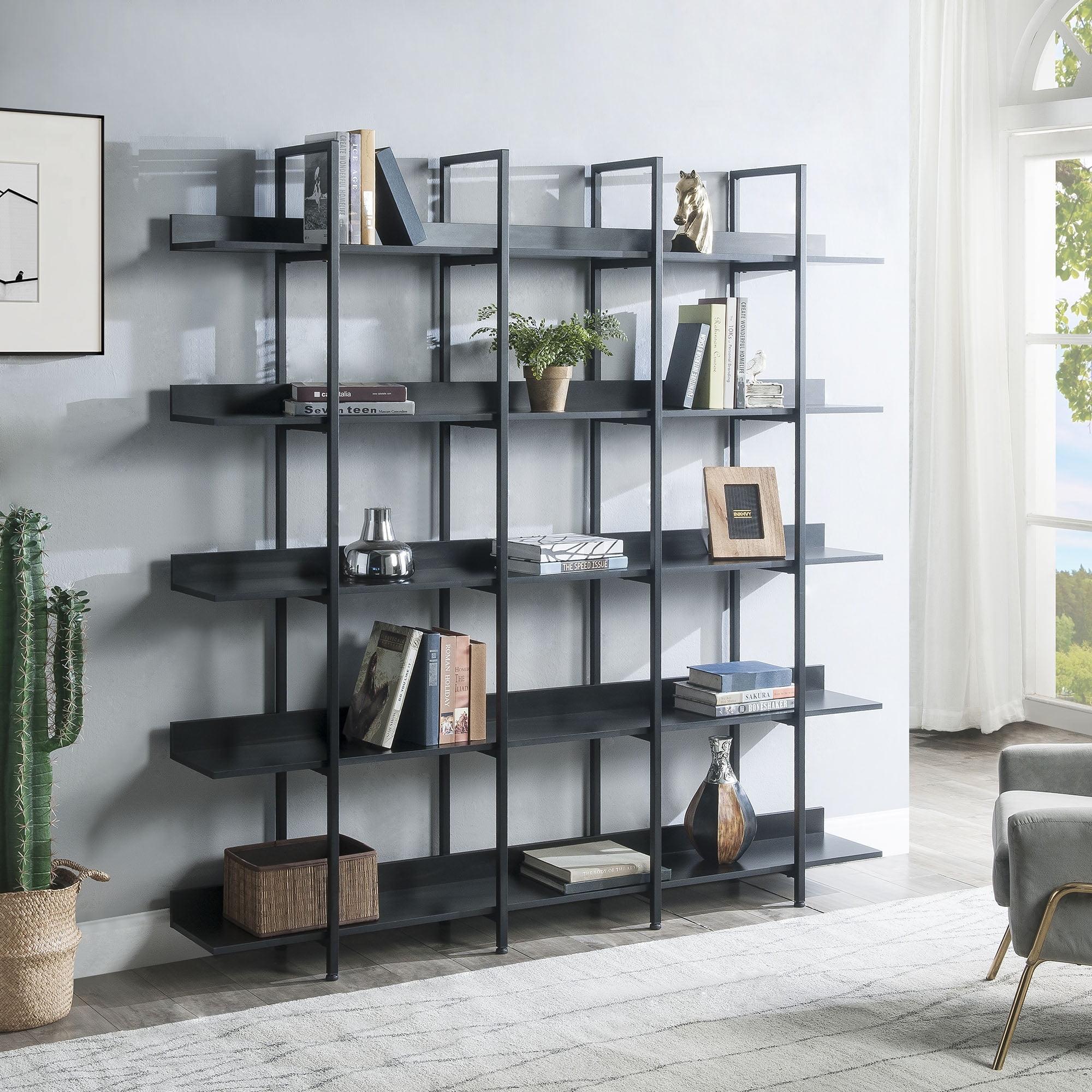 Black Triple Wide 5-Tier Industrial Bookshelf with Metal Frame