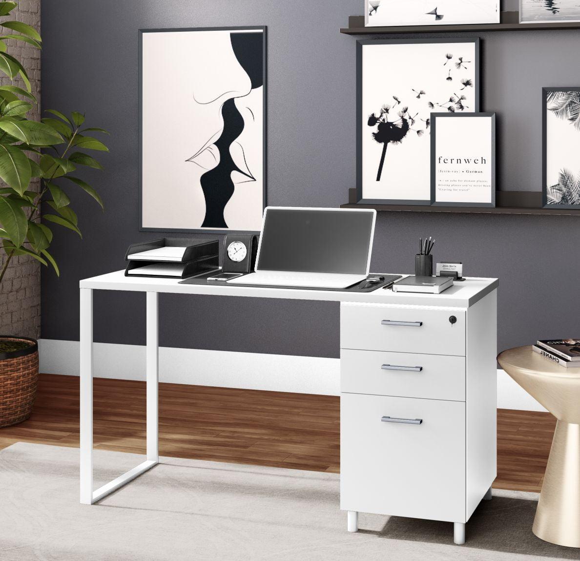 Modern Designs by Crafts and Comfort Milano Modern Home & Office Computer Desk - 47 Inch with 3 Locking Drawers - Wooden Study Writing Desk with Storage Space - White