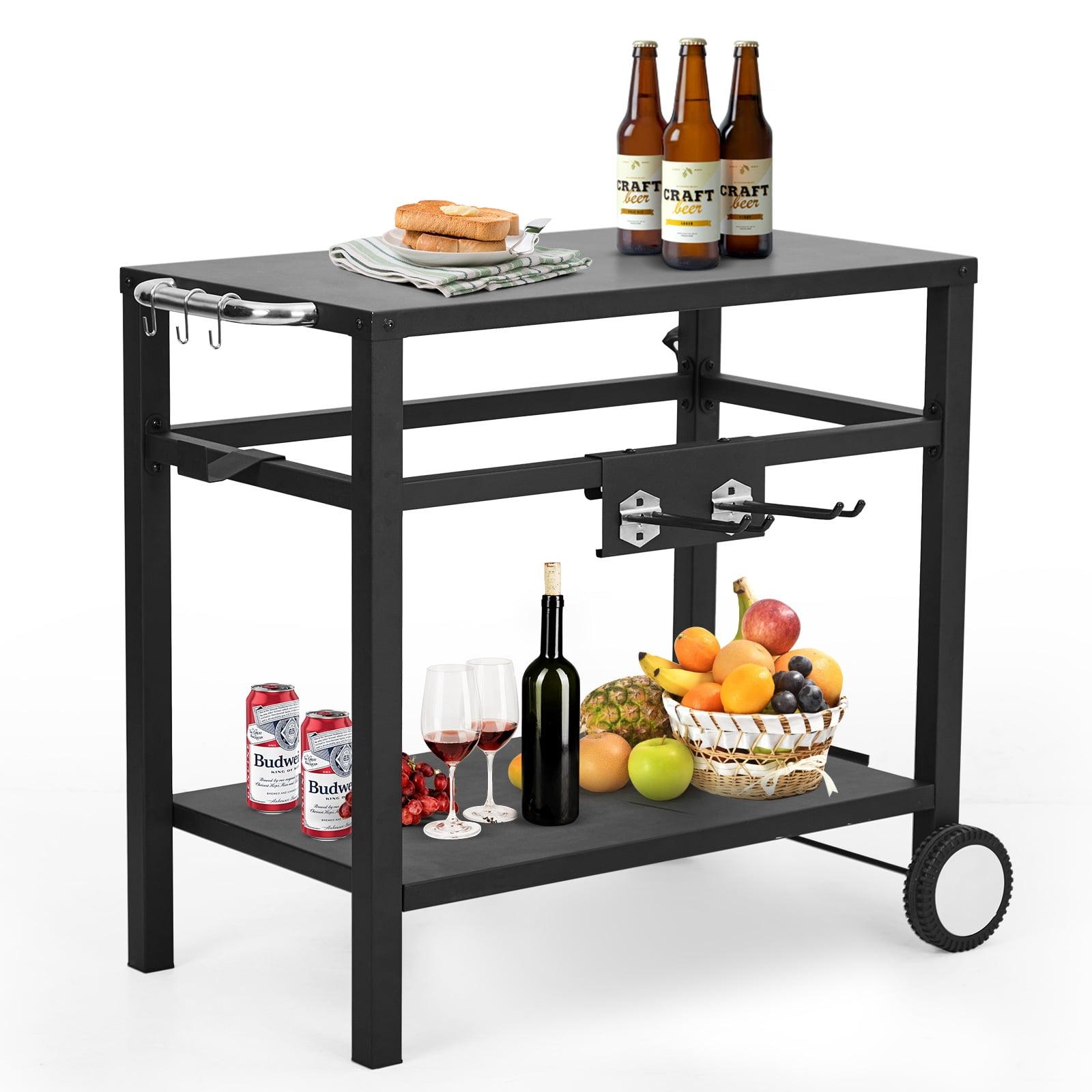 Garvee Outdoor Grill Pizza Oven Food Prep Bbq Cart Stand Table,Double-Shelf BBQ Movable with Storage Wheels, Black