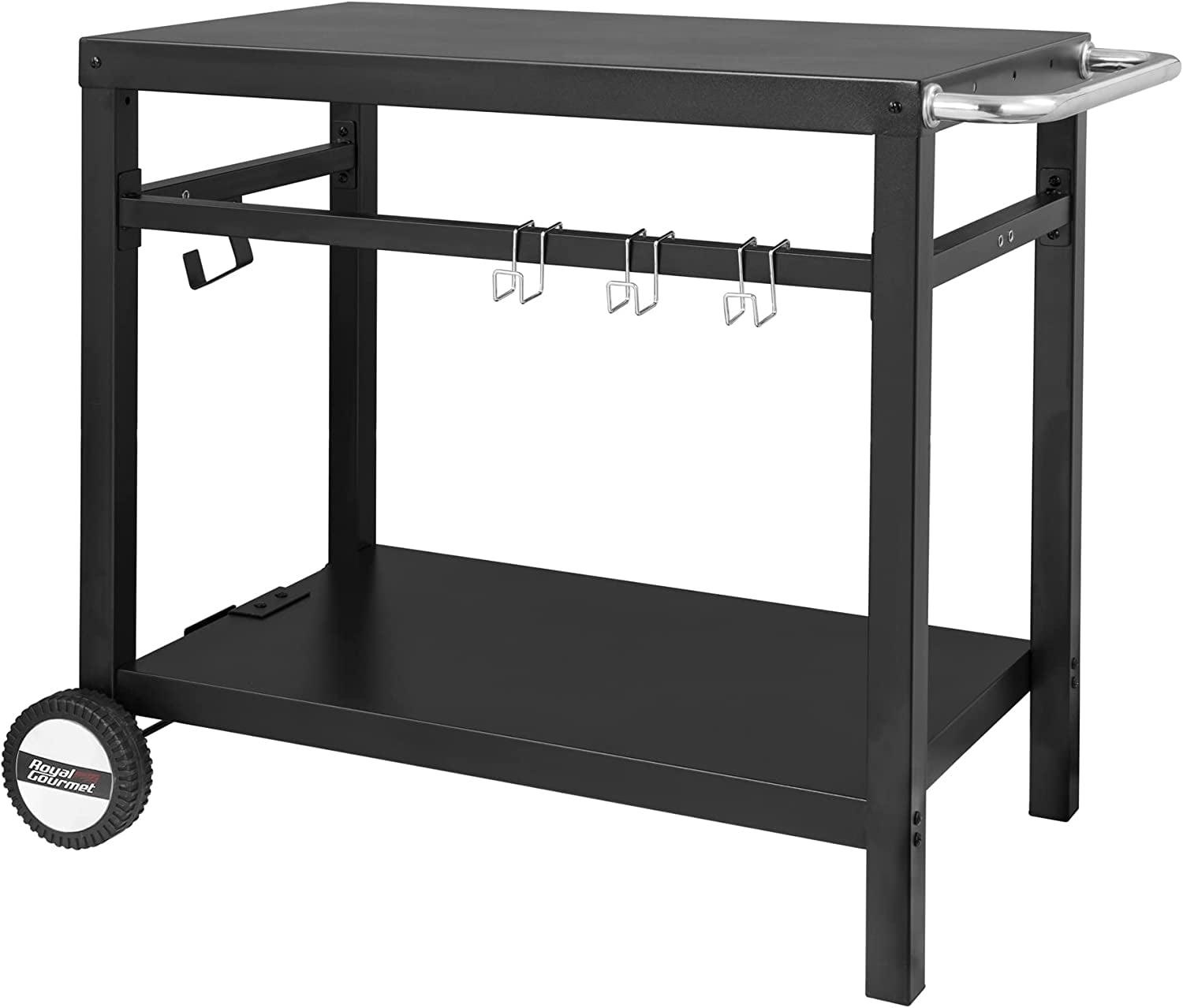 Black and Silver Double-Shelf Outdoor Grill Cart with Wheels