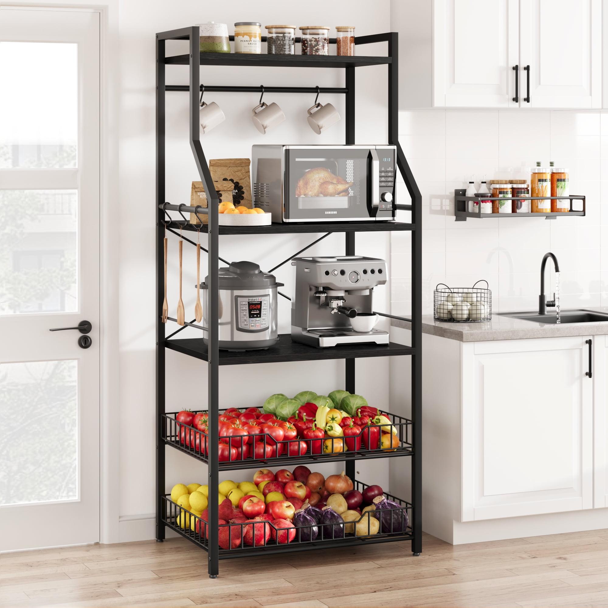 Black Metal and MDF 5-Tier Kitchen Bakers Rack with Wire Baskets