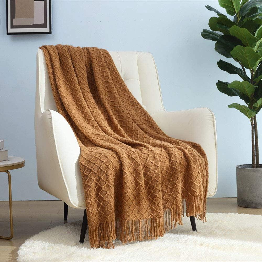 Rustic Caramel Crocheted Tassel Throw Blanket 50'' x 60''