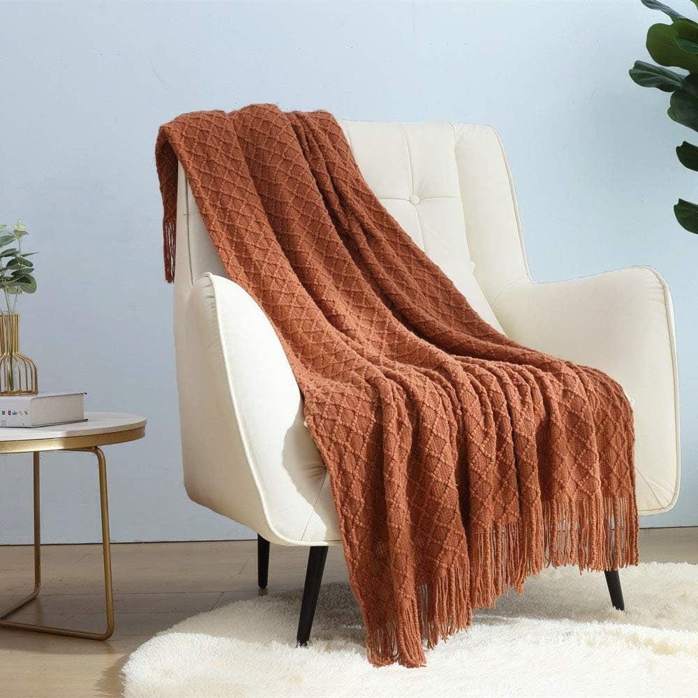 Caramel Crocheted Reversible Throw Blanket with Tassels