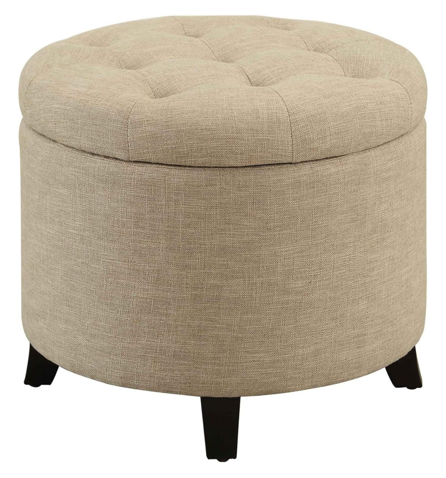 Tan Fabric Tufted Round Ottoman with Concealed Storage, 20"