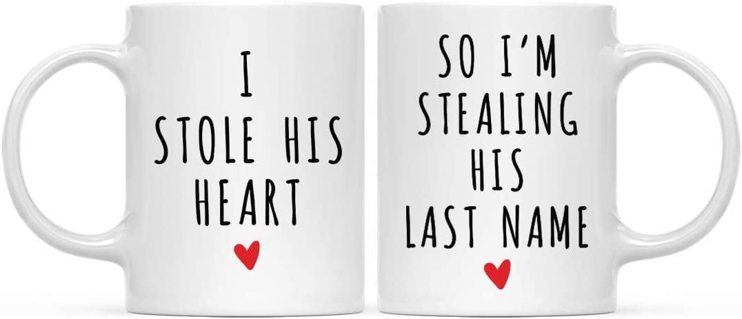 White Ceramic Wedding Couple Mug Set with Heart Graphic