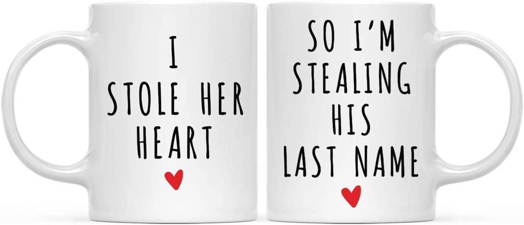 White Ceramic Wedding Couple Mug Set with Heart Graphic