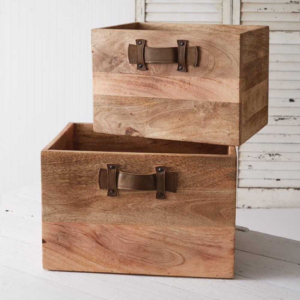 Mango Wood Storage Boxes with Leather Handles, Set of 2