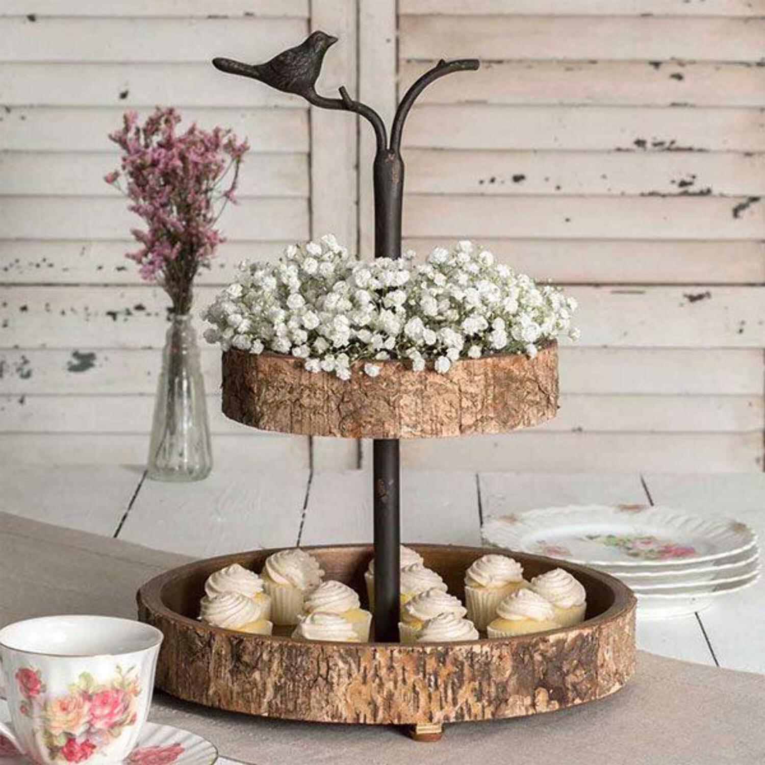 Rustic Birch Wood Two-Tier Display Tray with Iron Stem