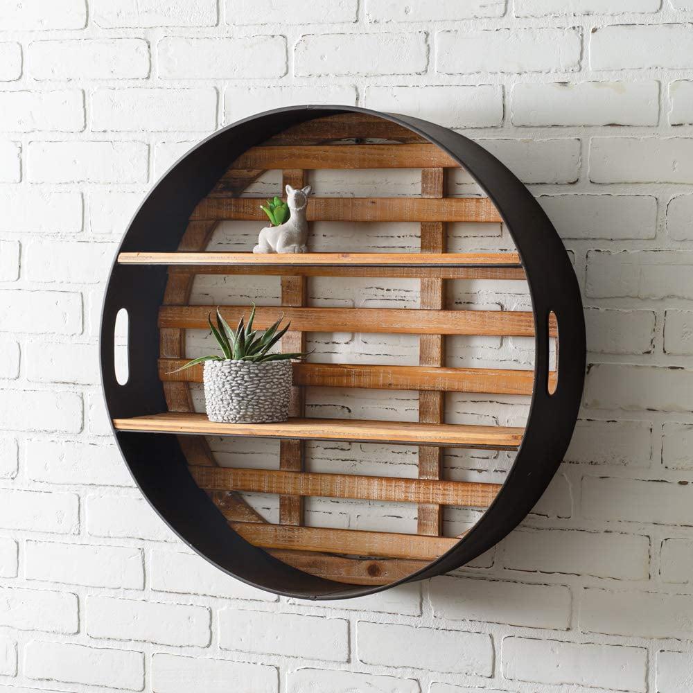 24-Inch Round Black Metal and Wood Wall Shelf