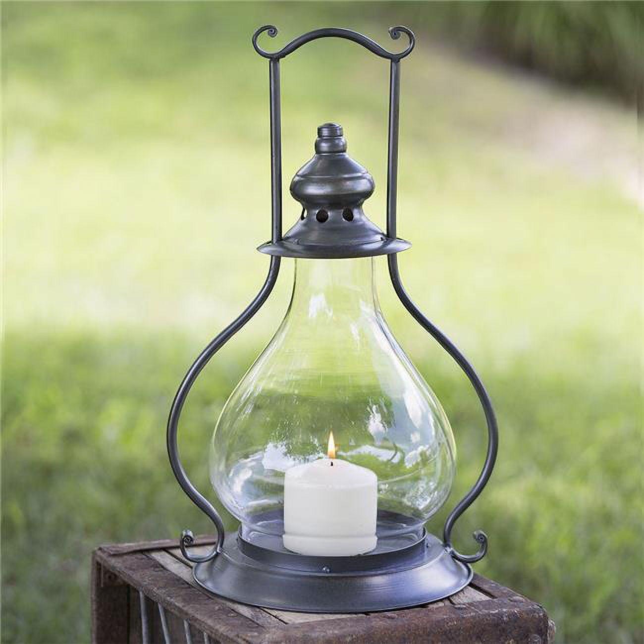 Small Gunmetal Hanging Wood Candle Lantern with Glass Chimney