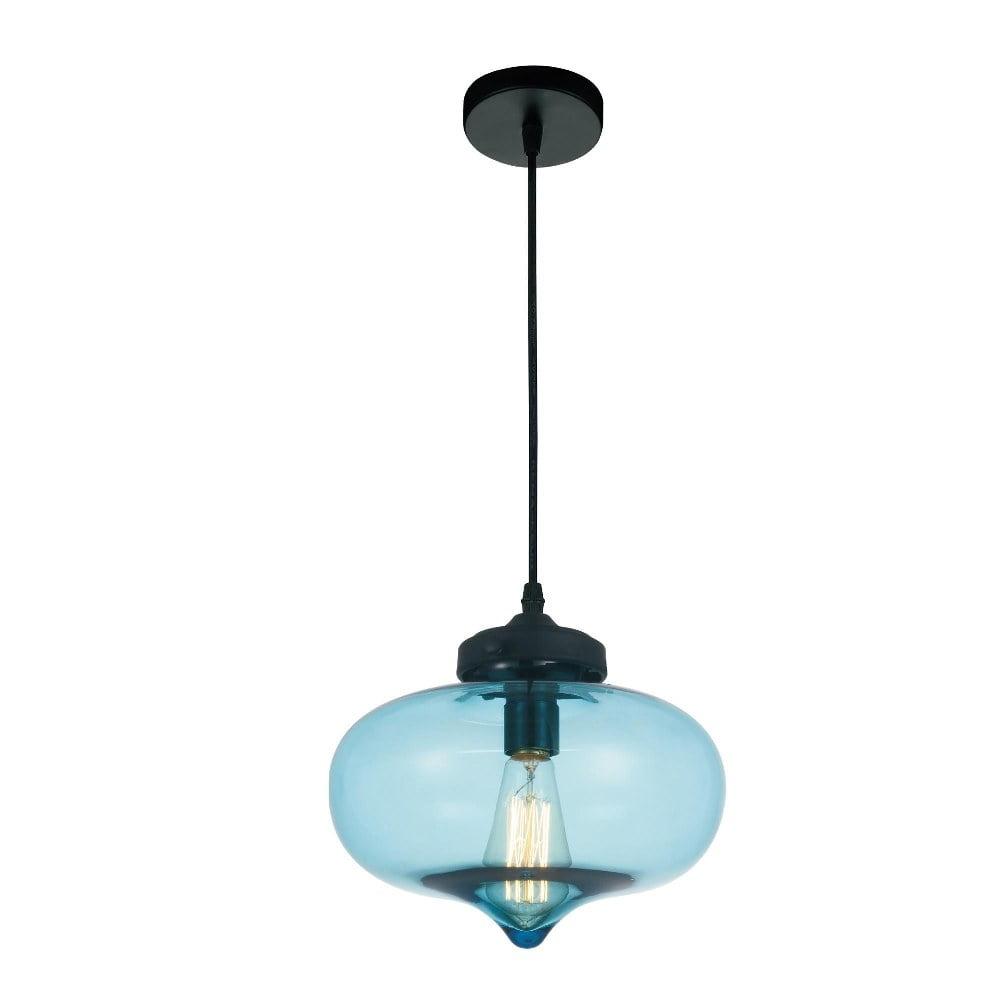 Farmhouse Mini LED Pendant in Matte Black with Fluid Blue Glass Shade