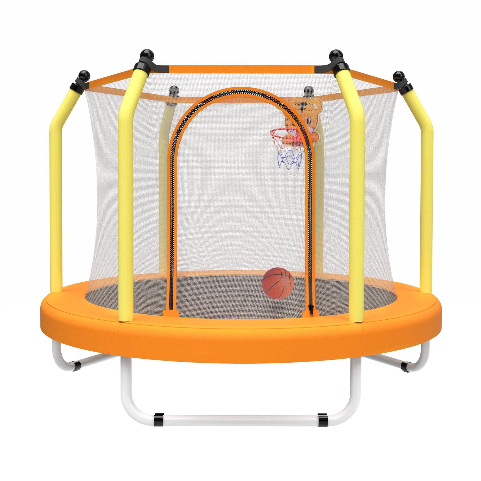 55 inch Trampoline for Kids,Indoor & Outdoor Kids Trampoline with Basketball Hoop and Safety Enclosure Net,Yellow
