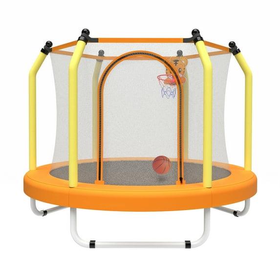 55 inch Trampoline for Kids,Indoor & Outdoor Kids Trampoline with Basketball Hoop and Safety Enclosure Net,Yellow