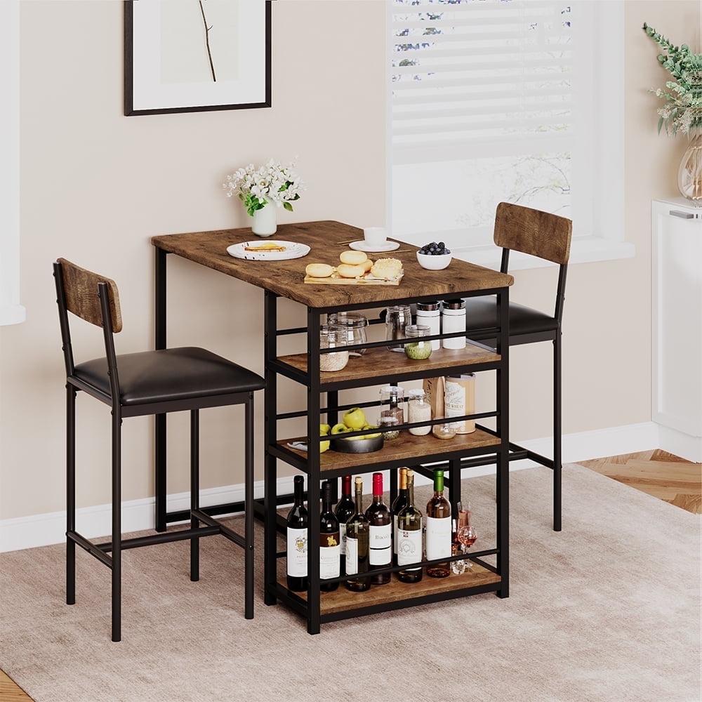 3-Piece Dining Table Set for 2 with Upholstered Bar Chairs, Kitchen Bar Table Set with 3 Storage Shelves, Space-Saving Furniture for Small Spaces, Apartment, Studio, Breakfast Nook
