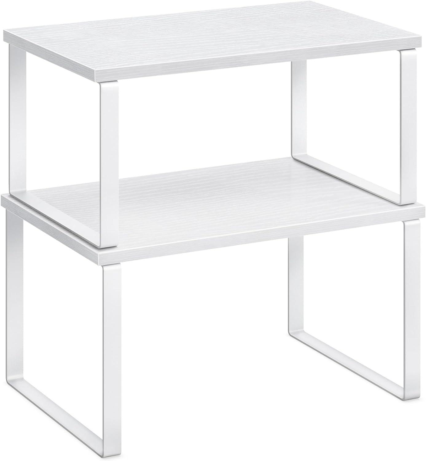 Cabinet Organizer Shelf, Set of 2 Kitchen Counter Shelves, Kitchen Storage, Spice Rack, Stackable, Expandable, Metal and Engineered Wood, Cloud White and Snow White UKCS02W01