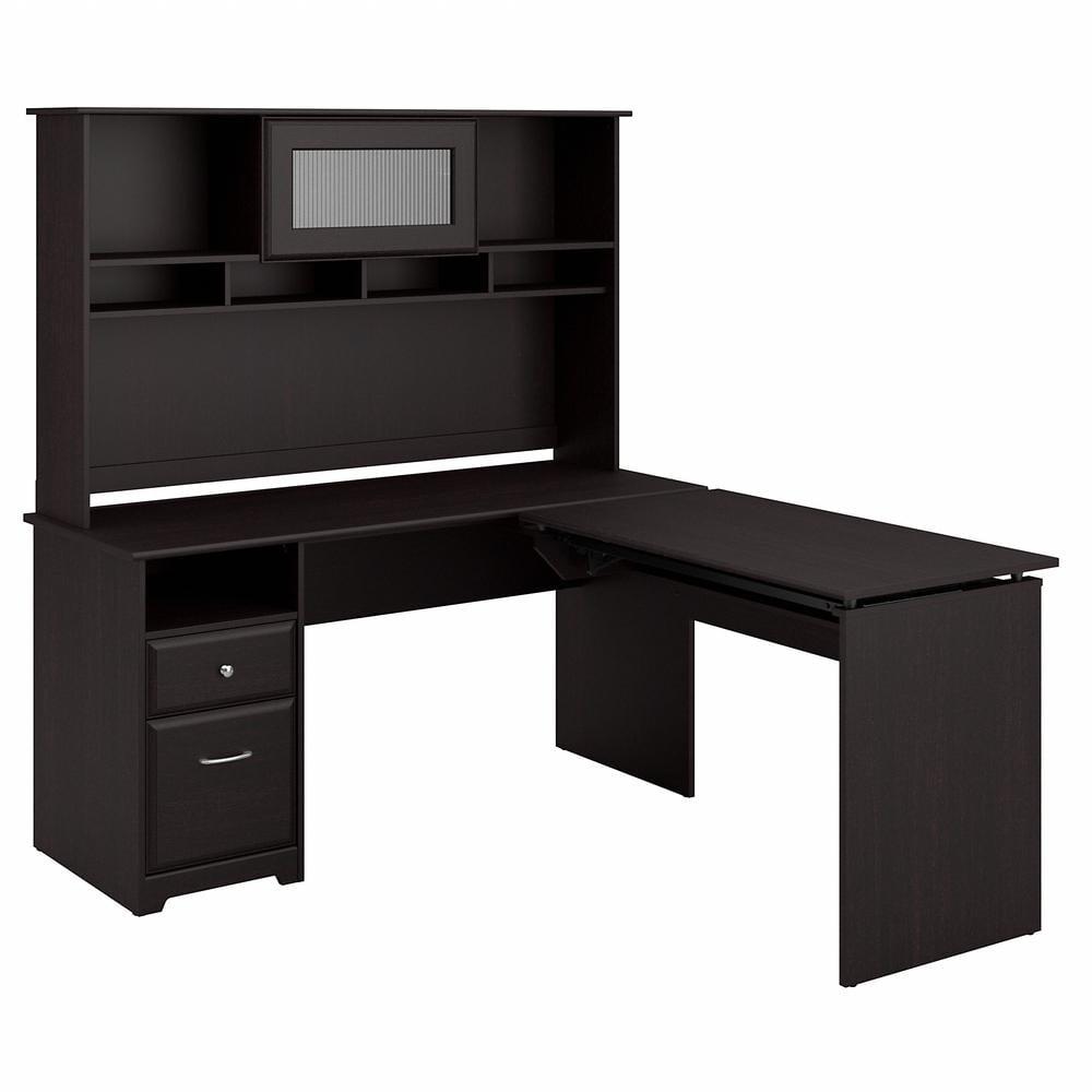 Espresso Oak Adjustable Height L-Shaped Desk with Hutch and Drawers