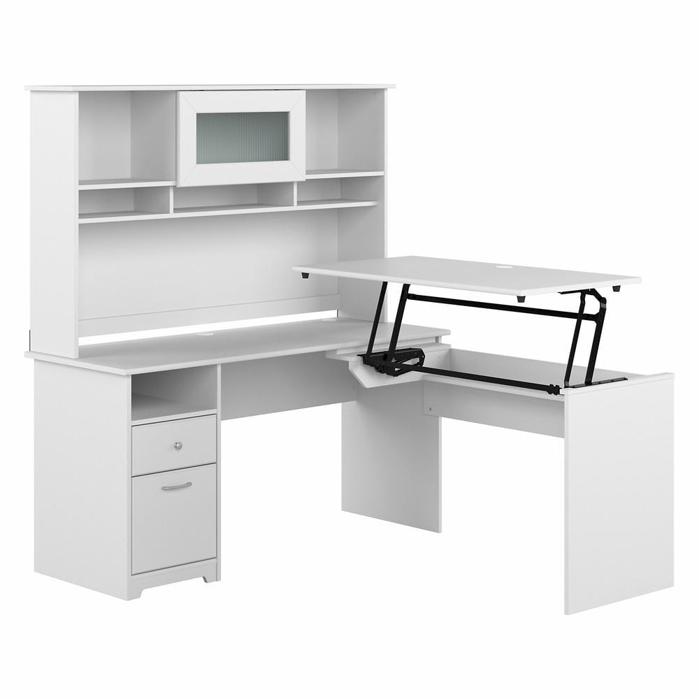 White Adjustable Height L-Shaped Desk with Hutch and Drawers