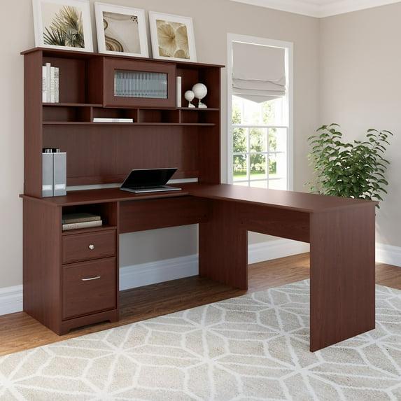Cabot Modern 60W L Desk with Hutch, includes File Drawer and Storage Shelves in Harvest Cherry