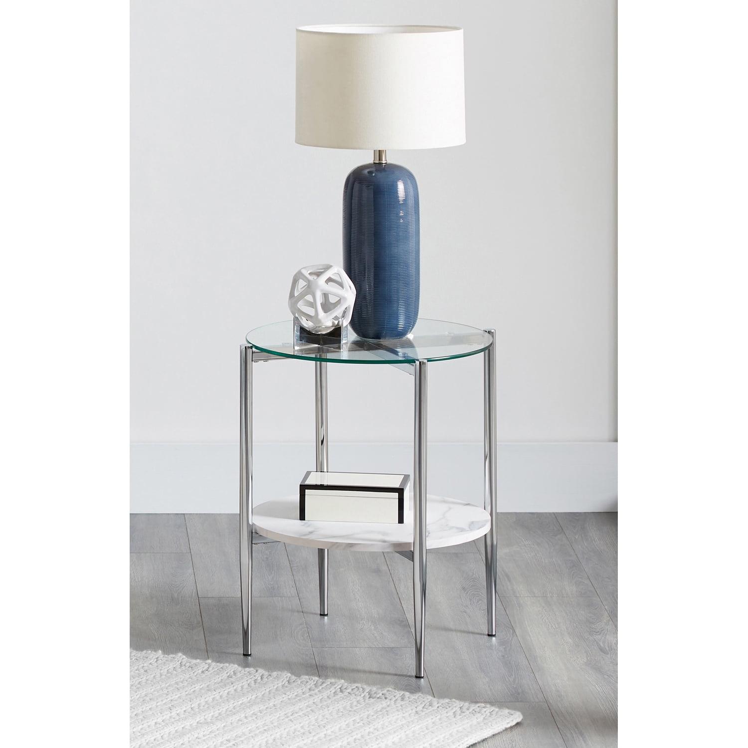 21'' Silver Transitional Round Glass & Faux Marble End Table