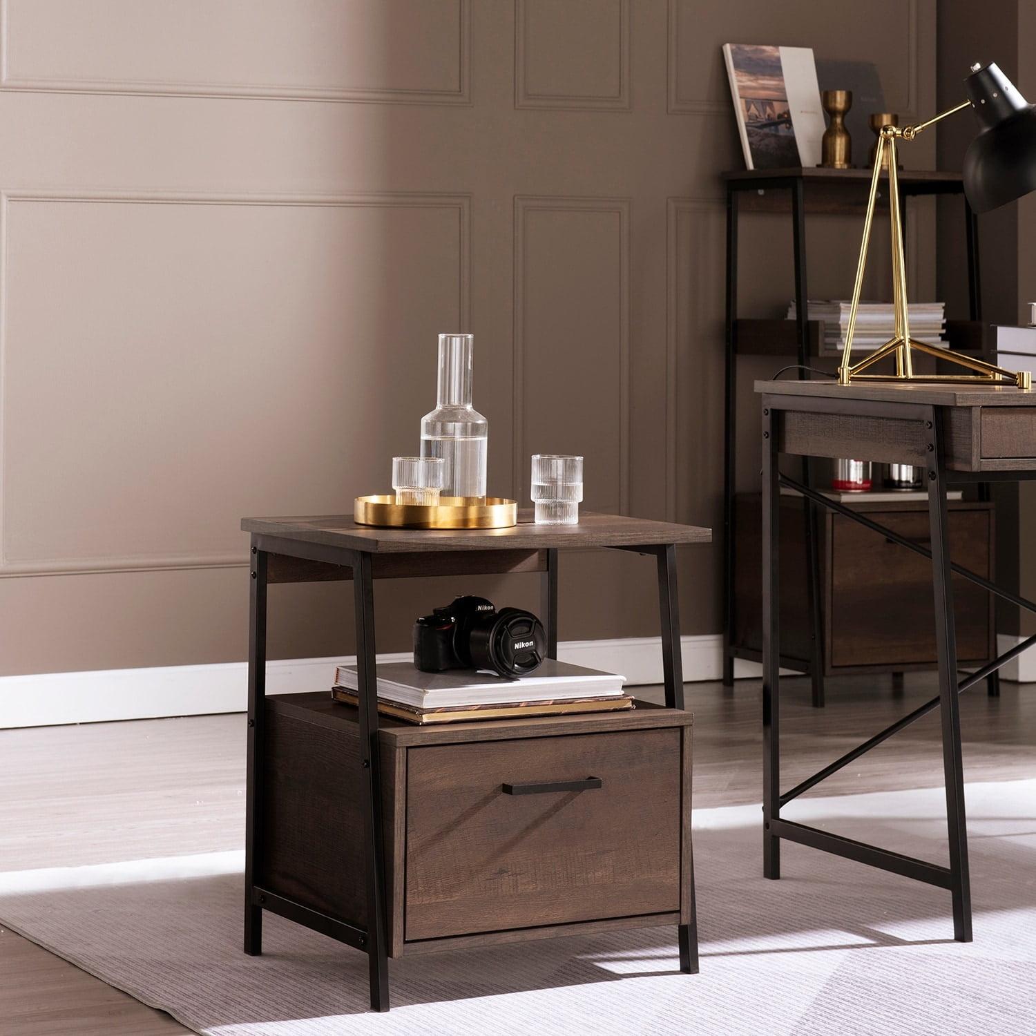 Caffoz Smith Series Smoky Oak Wood Home End Table Nightstand Accent Table with Storage Shelf and Drawer