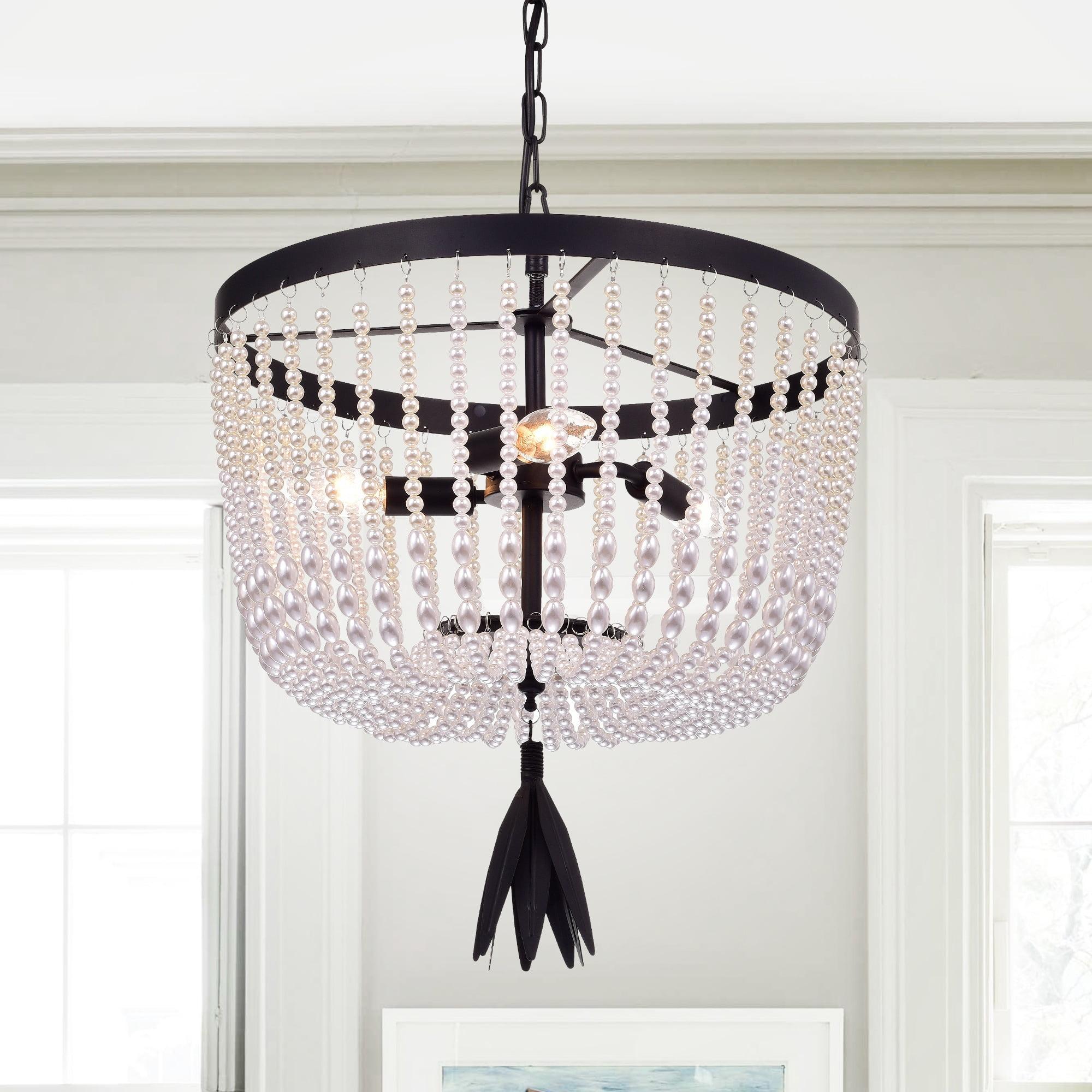 Elegant Pearl Bead & Bronze Bowl Pendant Light, 19 in