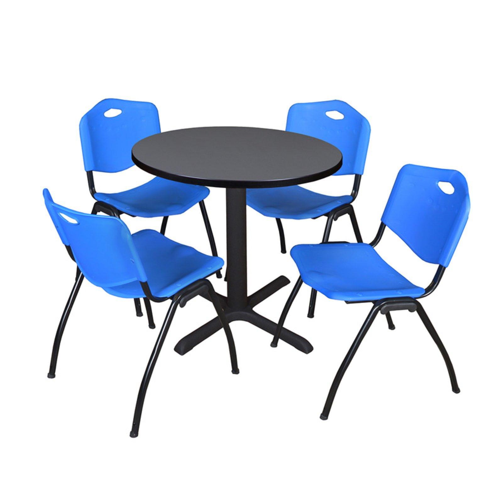 Cain 42" Grey Round Breakroom Table Set with 4 Black Stack Chairs