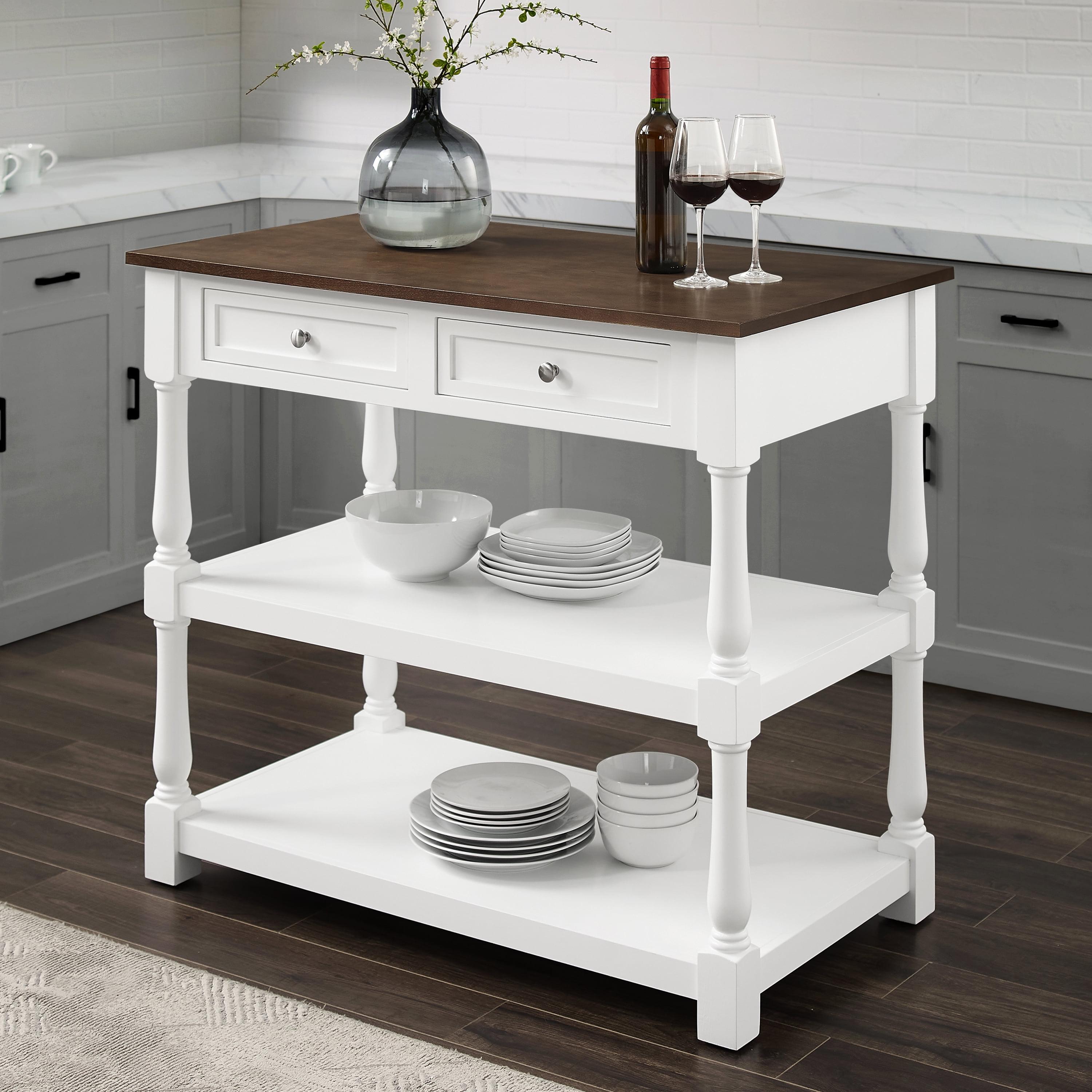 White and Dark Brown Wood Top Kitchen Island with Storage