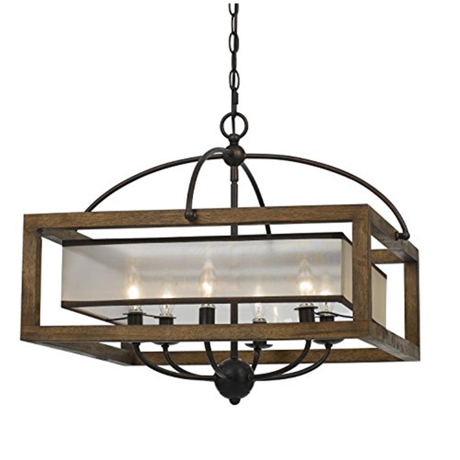 24" Dark Bronze and Wood 6-Light Square Chandelier