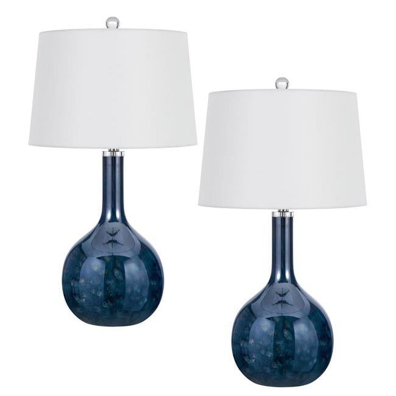 Kemi Deep Blue Glass Gourd Table Lamp Set with White Shades