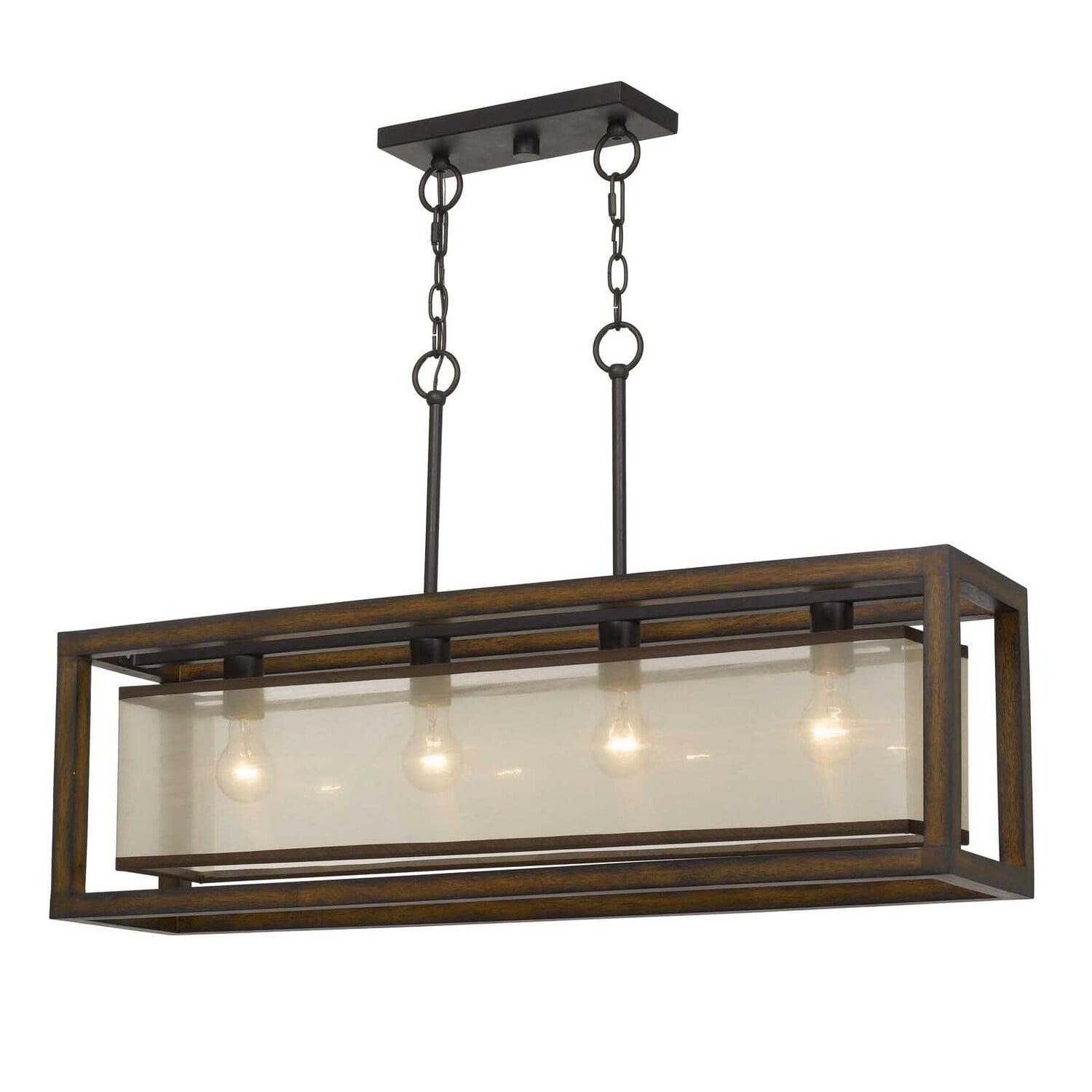 Bronze and Wood Rectangular 4-Light Chandelier