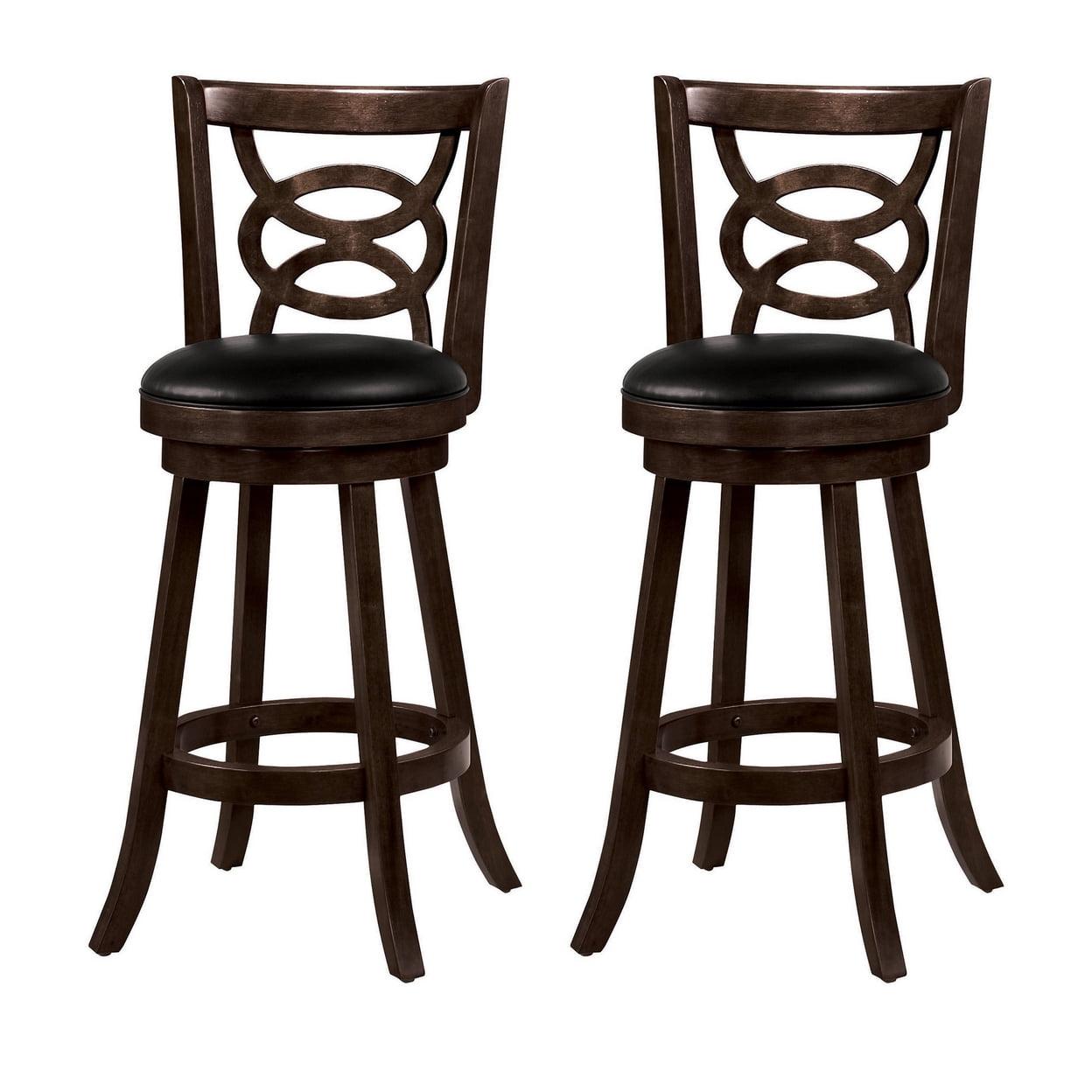 Transitional Black Leather Swivel Bar Stool with Wood Finish