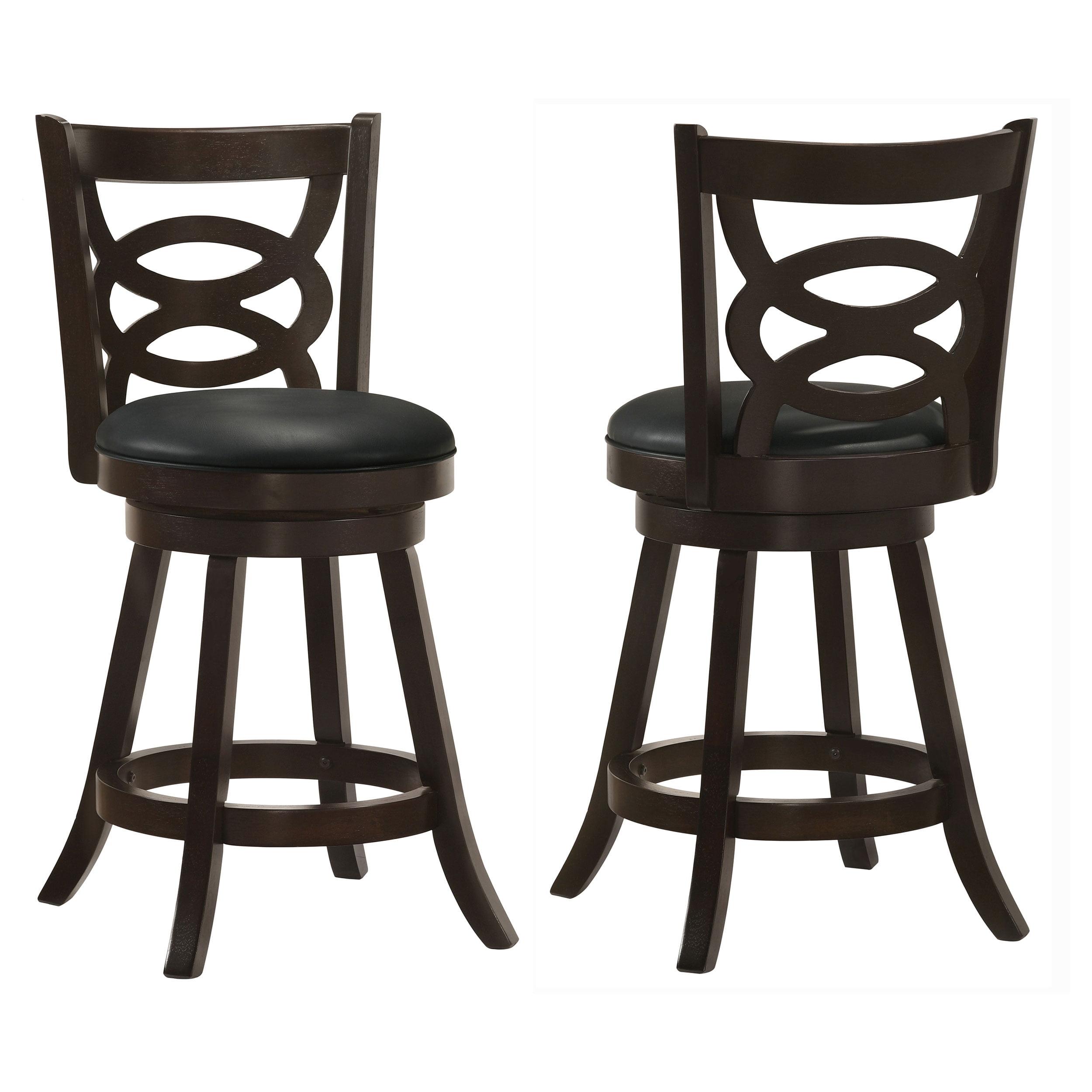 Transitional Black Leather Swivel Bar Stool with Wood Finish