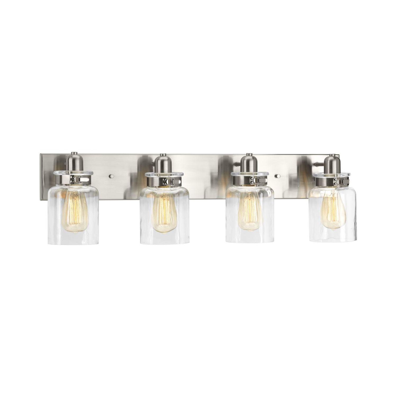 Calhoun Collection Four-Light Brushed Nickel Clear Glass Farmhouse Bath Vanity Light