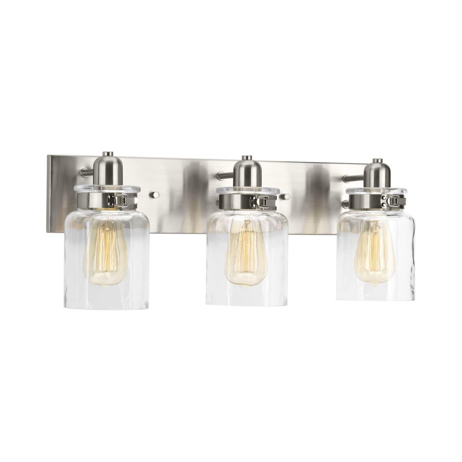 Calhoun Collection Three-Light Brushed Nickel Clear Glass Farmhouse Bath Vanity Light