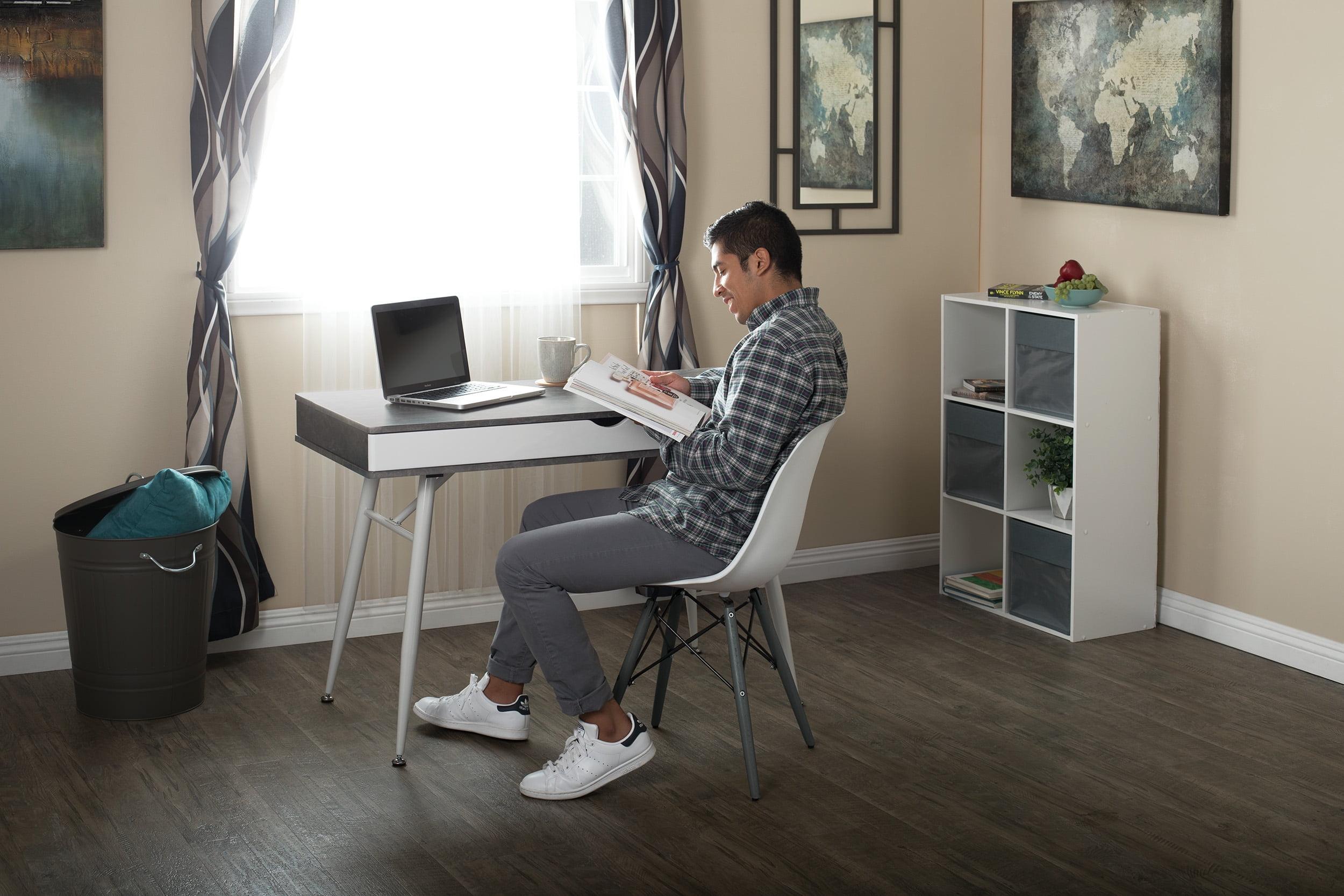 White and Cement Mid-Century Modern Writing Desk with Drawer