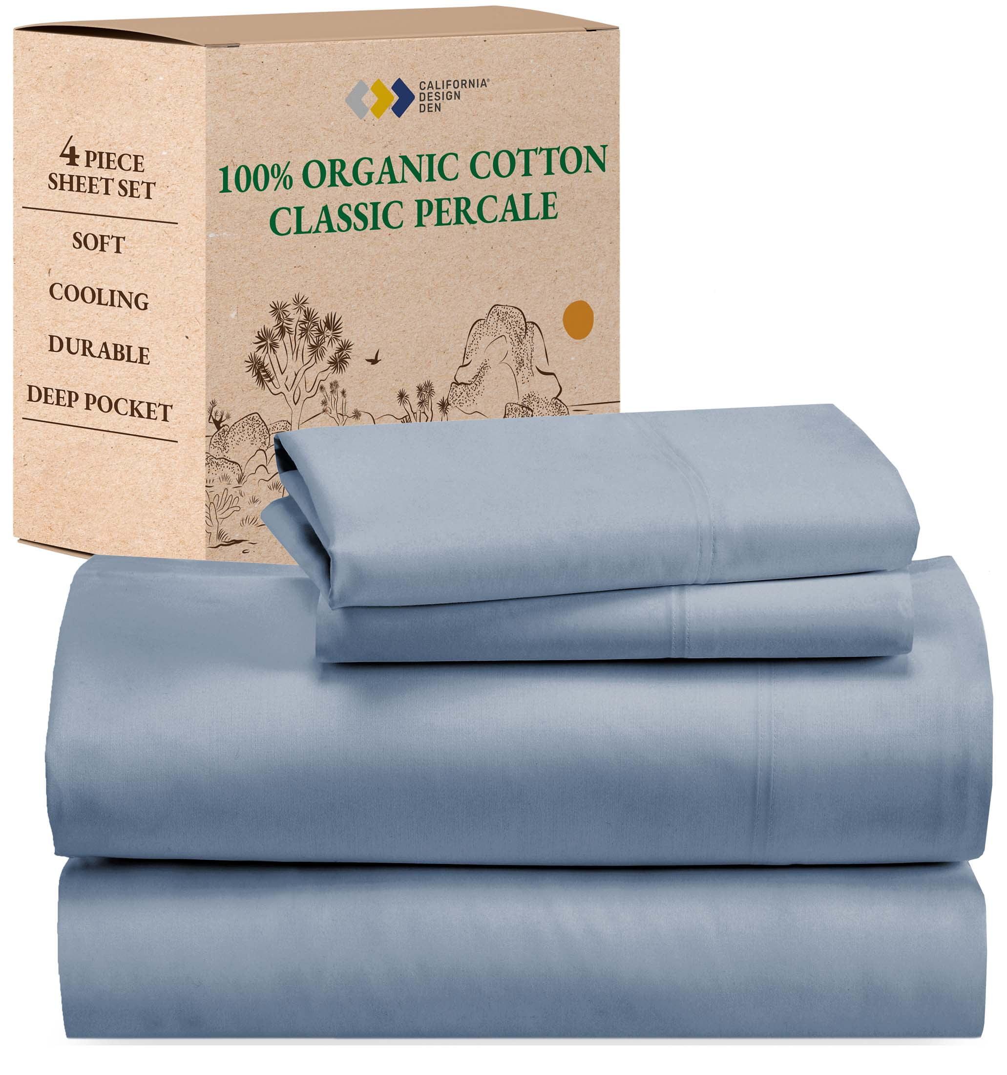 Queen Sheets Set, 100% Organic Cotton Percale, Blue Hydrangea Bed Sheets by California Design Den