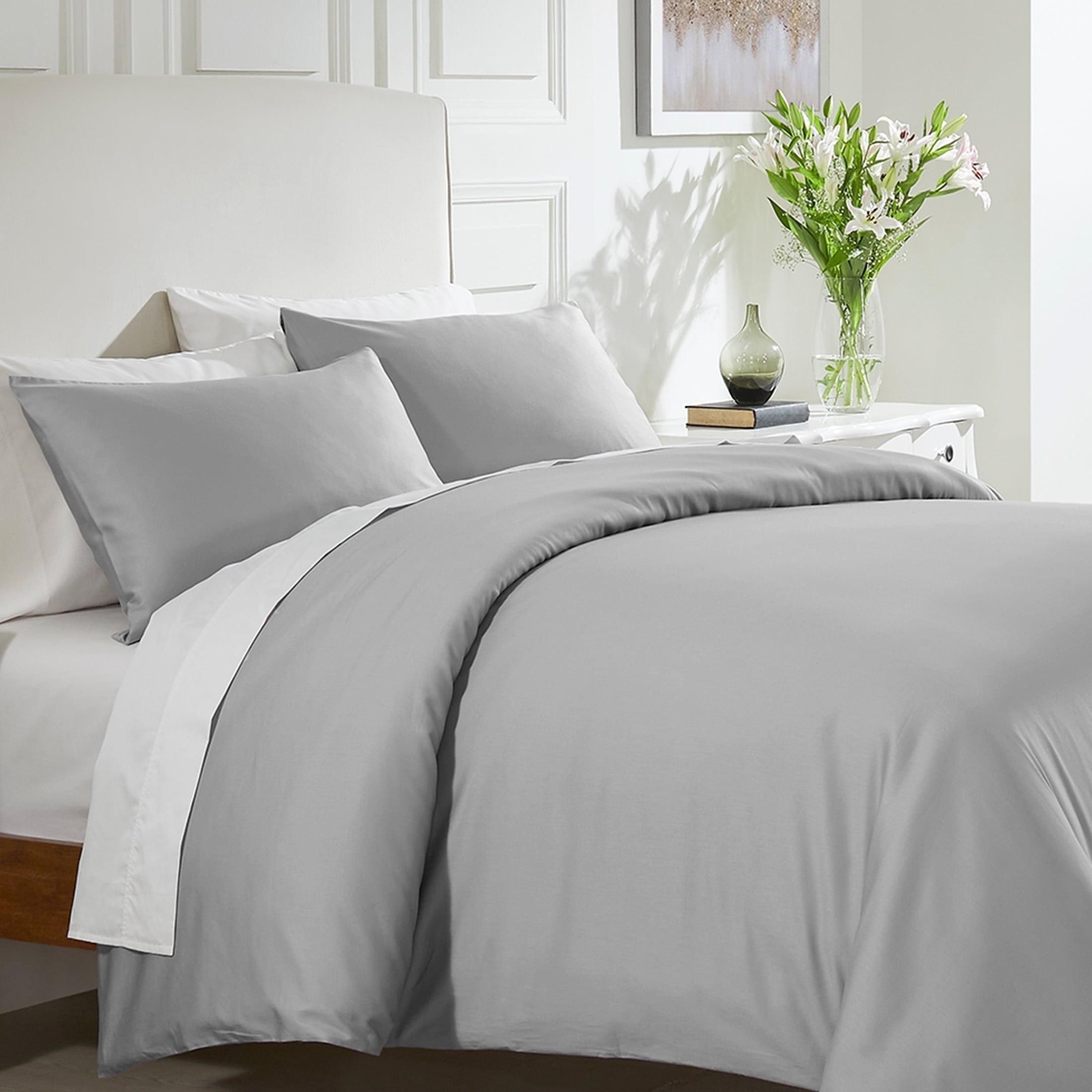 Light Grey Queen Cotton Sateen Duvet Cover Set with Button Closure