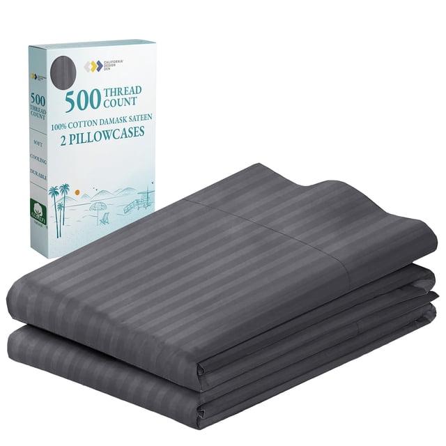 Luxury 500 Thread Count Pillowcase Set - 100% Cotton Sateen, Breathable by California Design Den - Dark Gray Striped, Standard/Queen Pillowcases